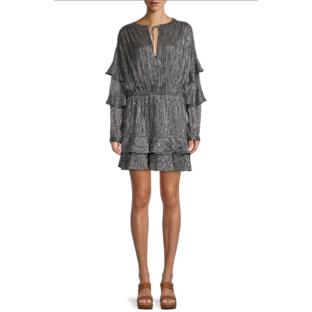 IRO Tellus Metallic Silver Black Ruffle Blouson Mini Dress 38 M 6 $360